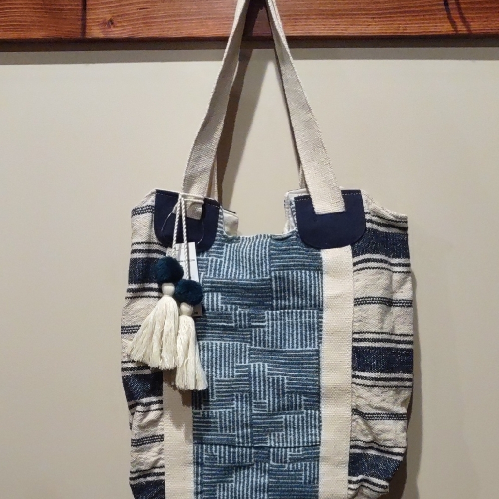 Blue and Cream Striped Tote Bag, Slouch Bag, Boho
